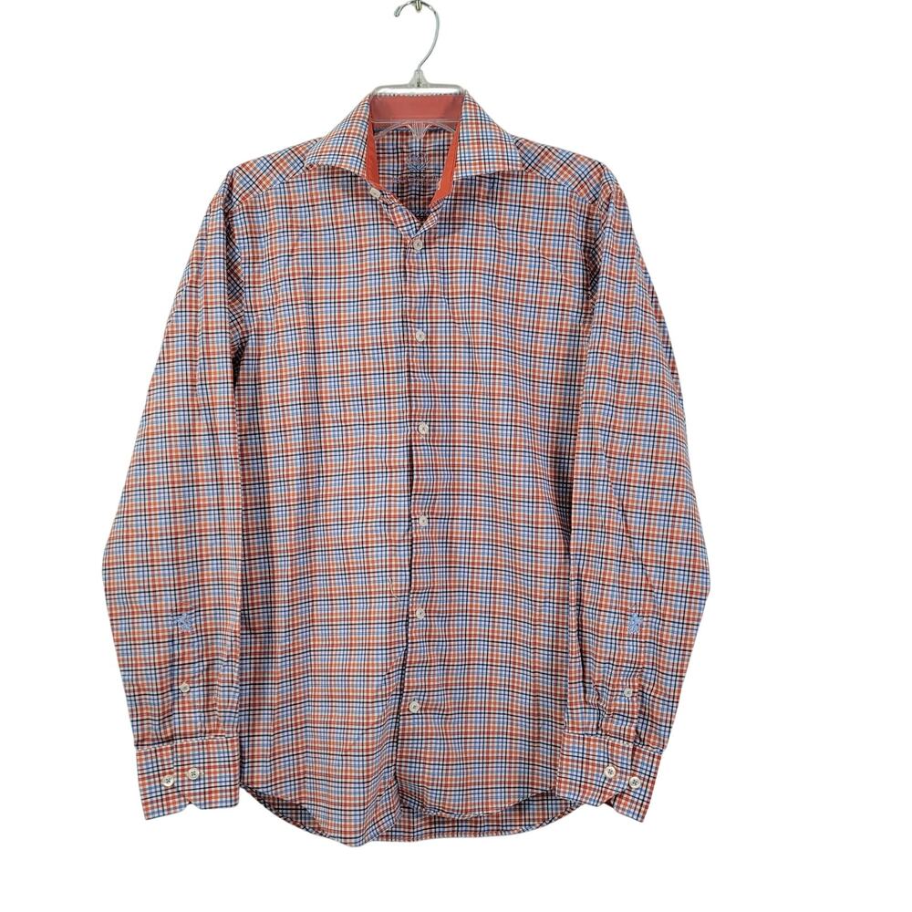 Bugatchi  Uomo Men's Button Front Orange & Blue Plaid Shirt Size 15/34-35  62922